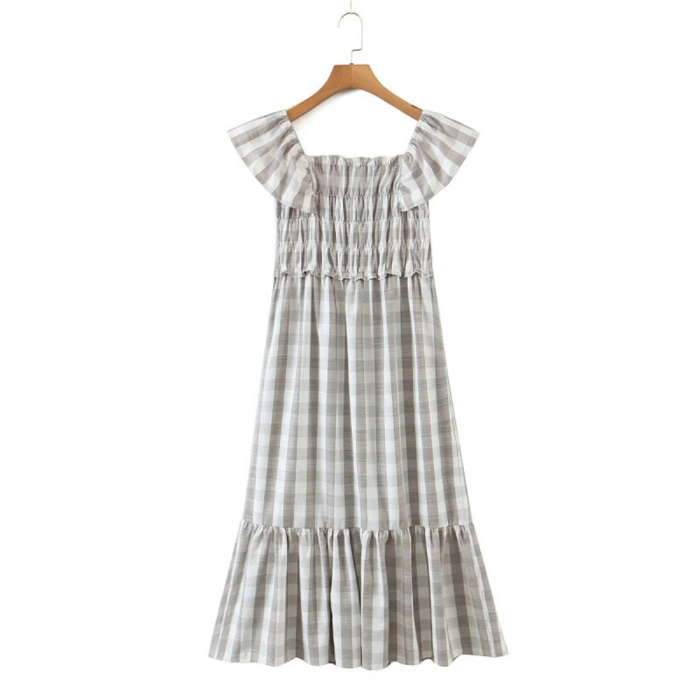 Spring Pull On Elastic Waist Gray White Plaid Dress